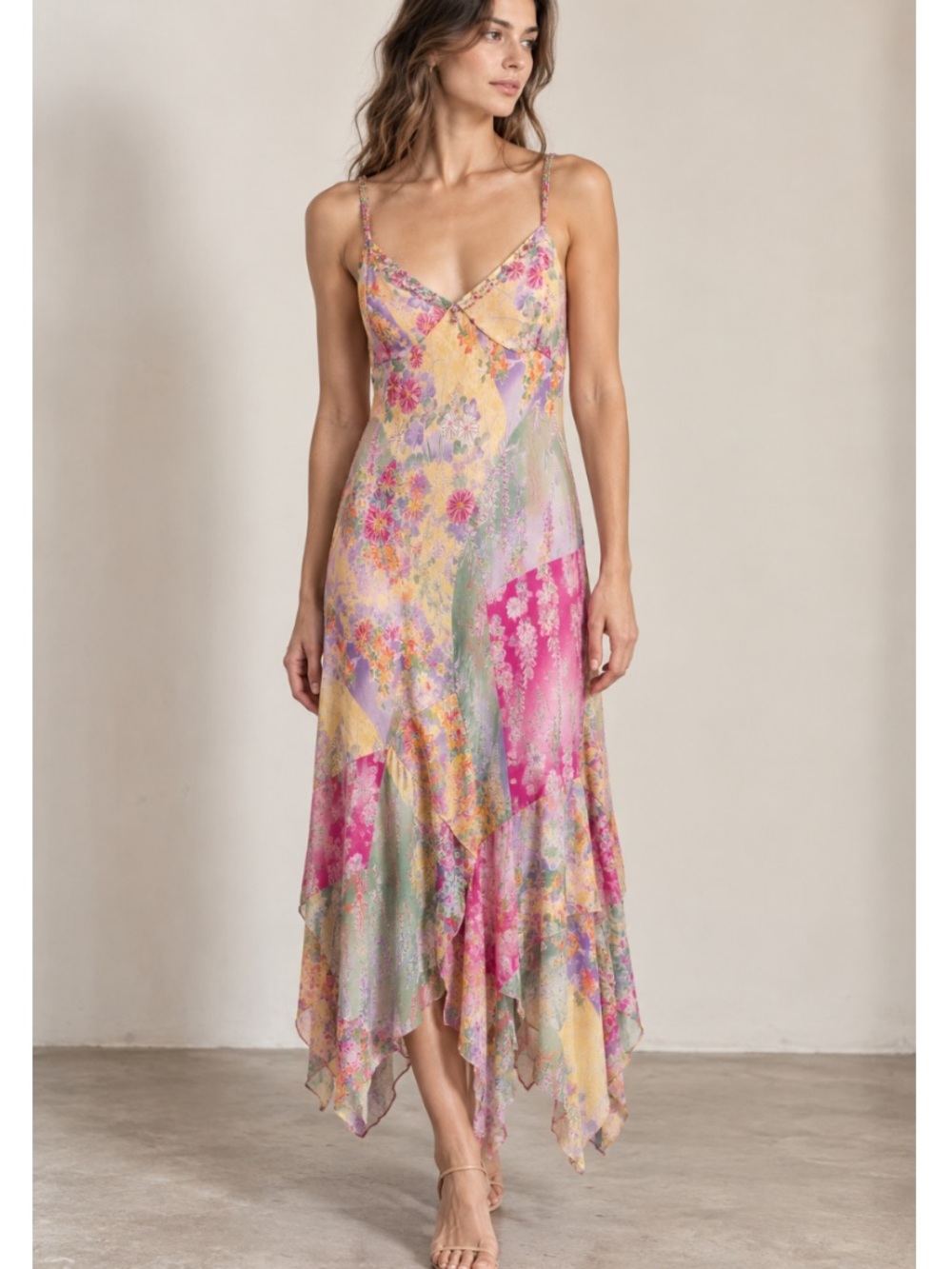 Vintage Y2K Floral Beaded Handkerchief Hem Maxi Dress Asymmetrical Slip Dress